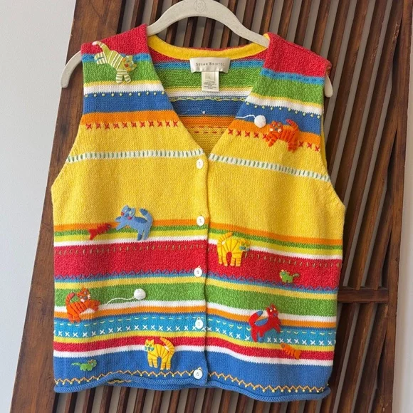 Susan Bristol Yellow Multi Striped cotton blend Knit Vest with Cats, Fish - Picture 1 of 4